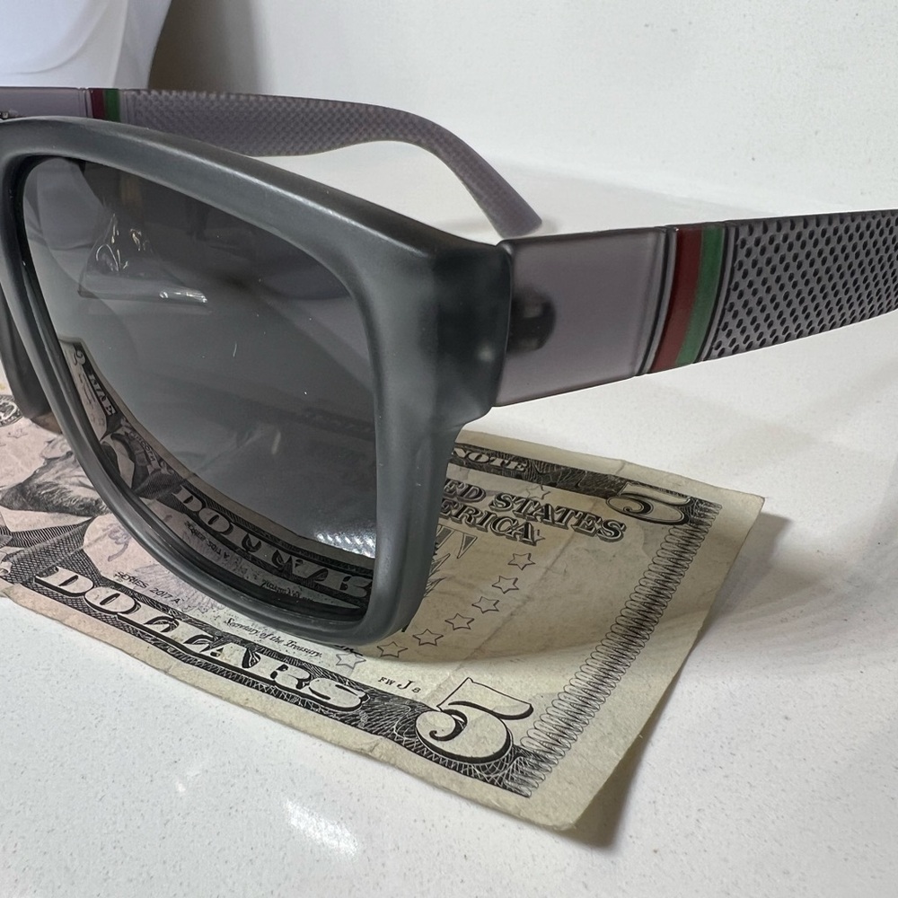 Gray Sunglasses with Red and Green Accents